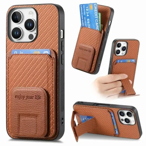 Funda para Teléfono Fibra de Carbono con Soporte y Tarjetero para iPhone 16 Pro (Marrón)