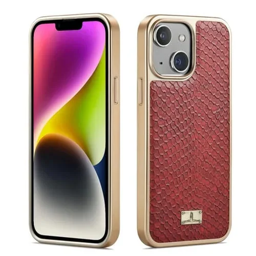 Funda para teléfono Fierre Shann iPhone 14 Plus PU Galvanoplastia Textura de Serpiente (Rojo)