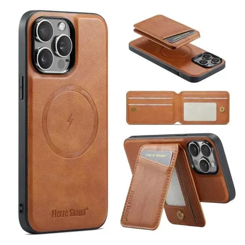 Funda para Teléfono Fierre Shann iPhone 14 Pro Max Oil Wax con Tarjetero Magnético de Cuero de Vaca (Marrón)