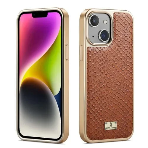 Funda para Teléfono Fierre Shann iPhone 14 Pu con Galvanoplastia y Textura de Serpiente (Marrón)