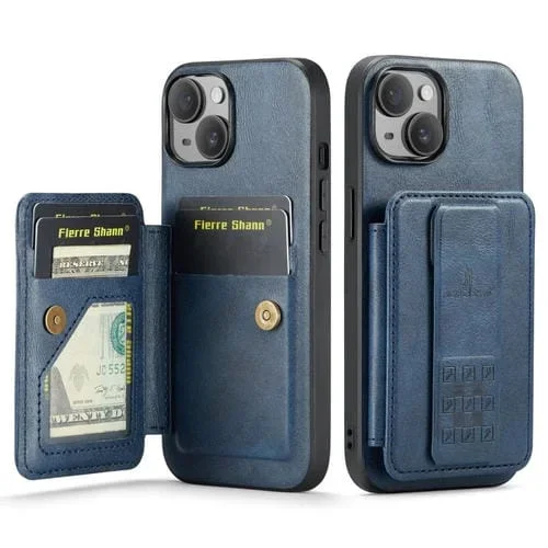 Funda para teléfono Fierre Shann iPhone 15 Oil Wax con tarjetero de cuero de vaca (Azul)