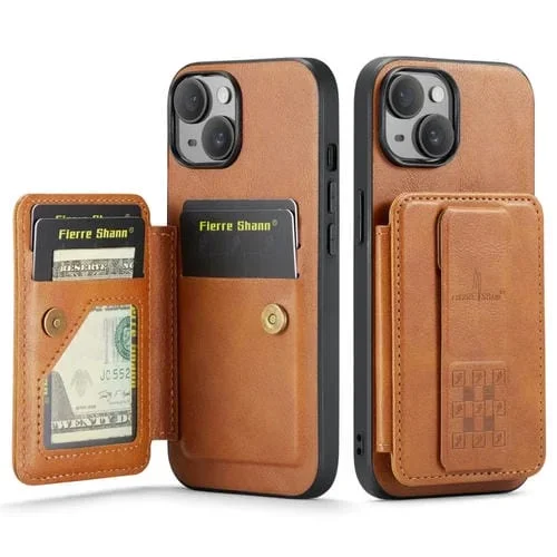 Funda para teléfono Fierre Shann iPhone 15 Plus Oil Wax con tarjetero de cuero de vaca (Marrón)