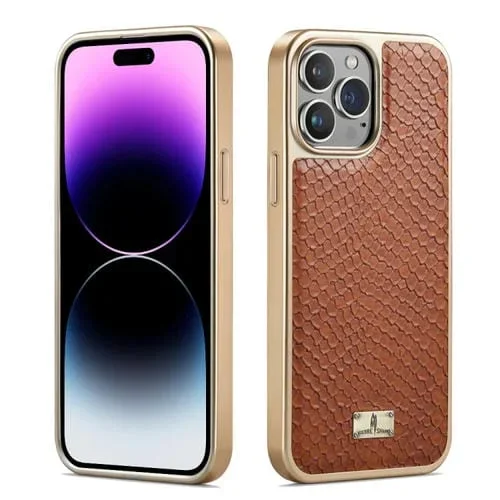 Funda para Teléfono Fierre Shann iPhone 15 Pro Pu Galvanoplastia Textura de Serpiente (Marrón)