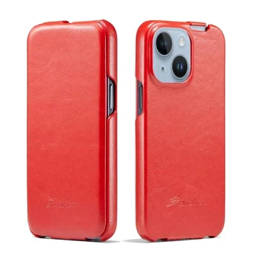 Funda para Teléfono Fierre Shann Oil Wax Texture para iPhone 15 con Tapa Vertical (Rojo)