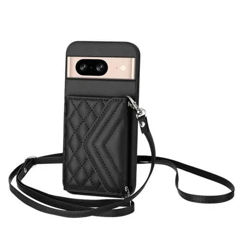 Funda para Teléfono Google Pixel 8 con Textura Rombal y Tarjetero RFID con Cordón Largo (Negro)