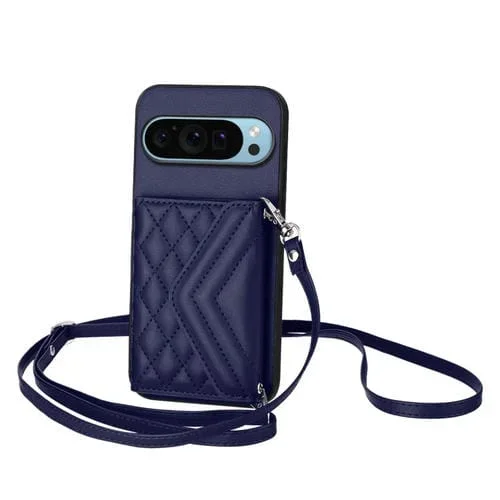 Funda para Teléfono Google Pixel 9/9 Pro con Textura Rombal y RFID con Cordón Largo (Azul)