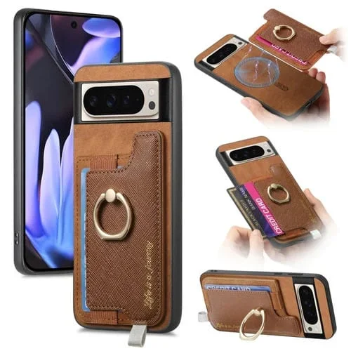 Funda para Teléfono Google Pixel 9 Pro XL con Tapa Trasera Magnética PU Magsafe (Marrón)