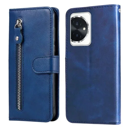 Funda para Teléfono Honor 100 de Cuero con Cremallera y Textura de Becerro (Azul)