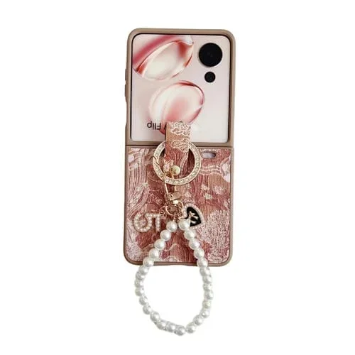 Funda para Teléfono Honor Magic V con Tapa Bordada, Cobertura Total, Cadena y Anillo (Naranja)