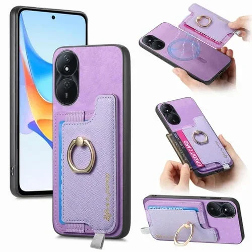 Funda para Teléfono Honor Play 50 Plus 5G con Tarjetero y Anillo de Cuero Retro Magsafe (Morado)