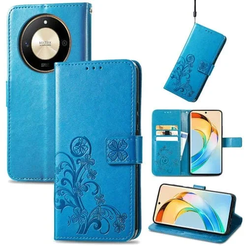 Funda para Teléfono Honor X50 de Cuero en Relieve con Cierre de Cuatro Hojas (Azul)