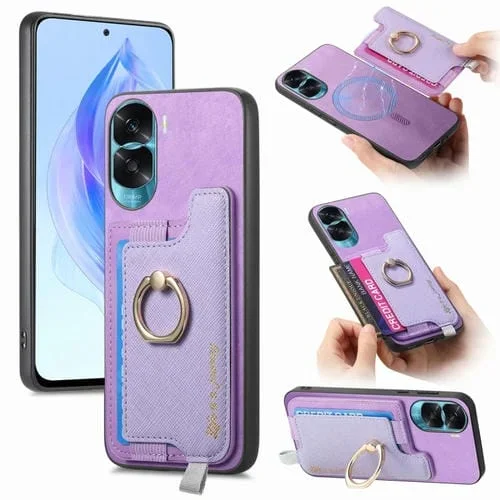 Funda para Teléfono Honor X50I con Tarjetero y Anillo de Cuero Diseño Retro Magsafe (Morado)