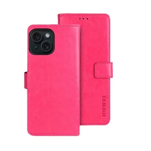 Funda para Teléfono Idewei iPhone 15 Cuero Textura Crazy Horse con Soporte (Rojo Rosa)