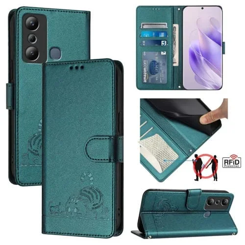 Funda para Teléfono Infinix Hot 20I X665E Cuero RFID Patrón en Relieve con Cordón (Verde Pavo Real)