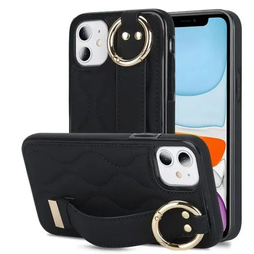 Funda para teléfono iPhone 11 Antideslizante Cobertura Completa Anillo Pu con Muñequera (Negro)