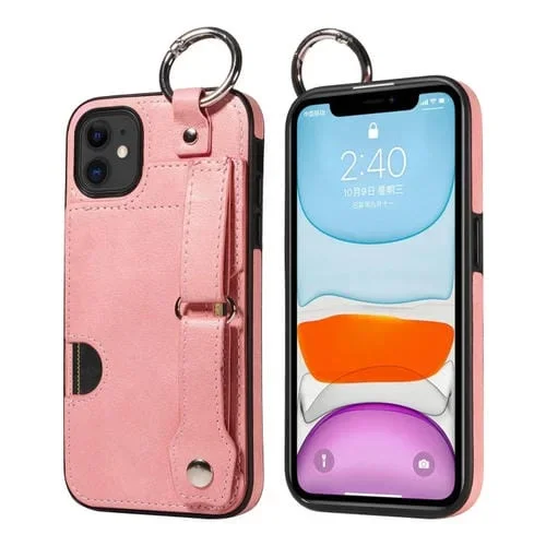 Funda para Teléfono iPhone 11 con Anillo y Ranura para Tarjeta con Textura de Pantorrilla (Rosa)