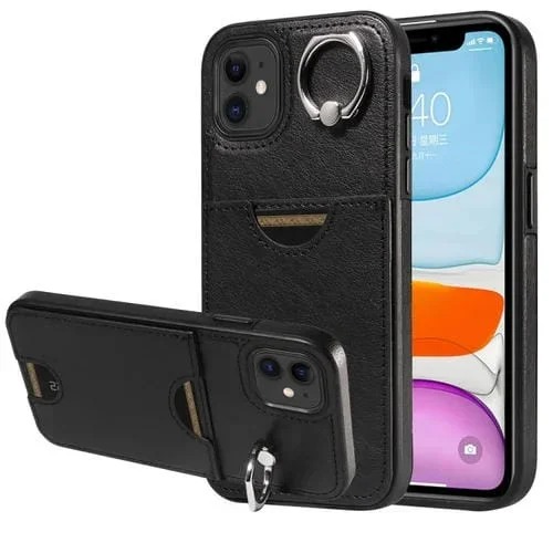 Funda para Teléfono iPhone 11 con Soporte para Anillo y Ranura para Tarjeta con Textura de Becerro (Negro)