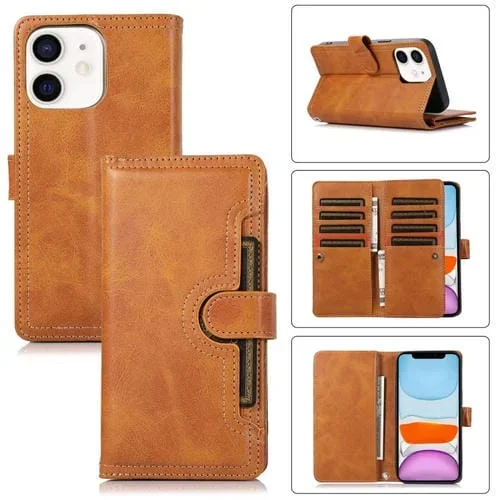 Funda para Teléfono iPhone 11 Cuero con Ranura para Tarjeta y Pulsera (Marrón)