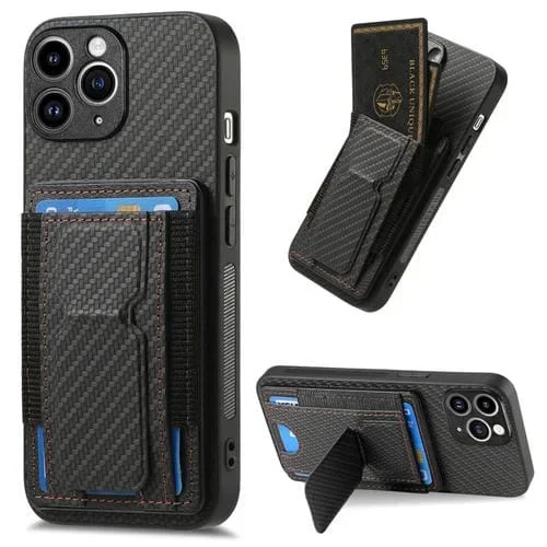 Funda para Teléfono iPhone 11 Pro Bolsa para Tarjeta Elástica Soporte Plegable Fibra de Carbono (Negro)