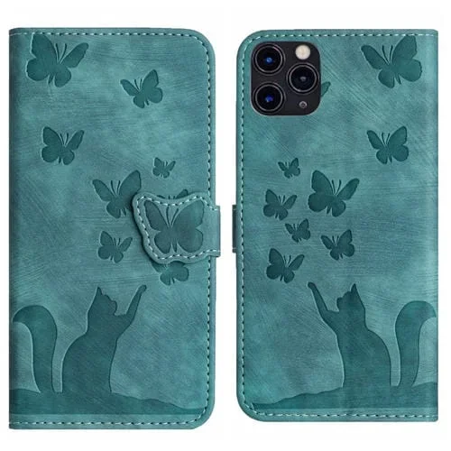 Funda para Teléfono iPhone 11 Pro Butterfly Cat Cuero con Tapa En Relieve (Wathet)
