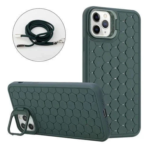 Funda para Teléfono iPhone 11 Pro Honeycomb Radiating Holder TPU con Cordón (Verde)