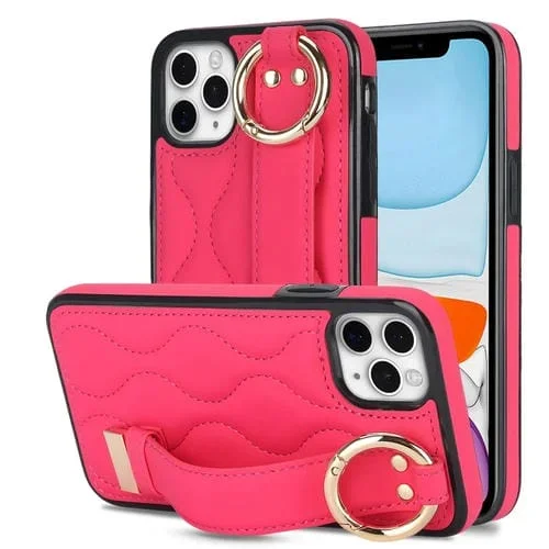 Funda para teléfono iPhone 11 Pro Max antideslizante con anillo cobertura completa PU con muñequera (Rosa Roja)