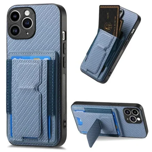 Funda para Teléfono iPhone 11 Pro Max Bolsa para Tarjeta Soporte Plegable Fibra de Carbono (Azul)
