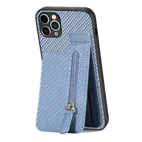 Funda para teléfono iPhone 11 Pro Max Carbon Fiber Vertical Flip con Cremallera (Azul)