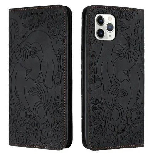 Funda para teléfono iPhone 11 Pro Max Cuero Relieve Elefante Retro (Negro)