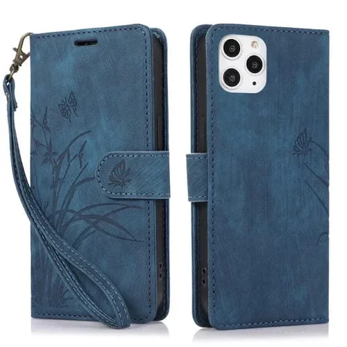 Funda para Teléfono iPhone 11 Pro Max Cuero Relieve Mariposa Orquídea (Azul)