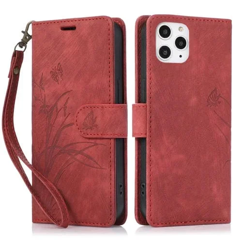 Funda para Teléfono iPhone 11 Pro Max Cuero Relieve Mariposa Orquídea (Rojo)