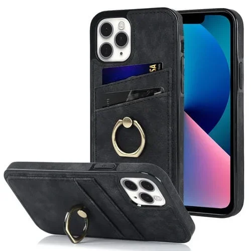Funda para Teléfono iPhone 11 Pro Vintage Patch Cuero con Soporte para Anillo (Negro)