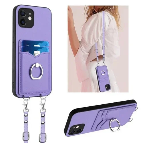Funda para Teléfono iPhone 11 R20 con Soporte para Tarjeta y Anillo de Cuerda Cruzada (Púrpura)