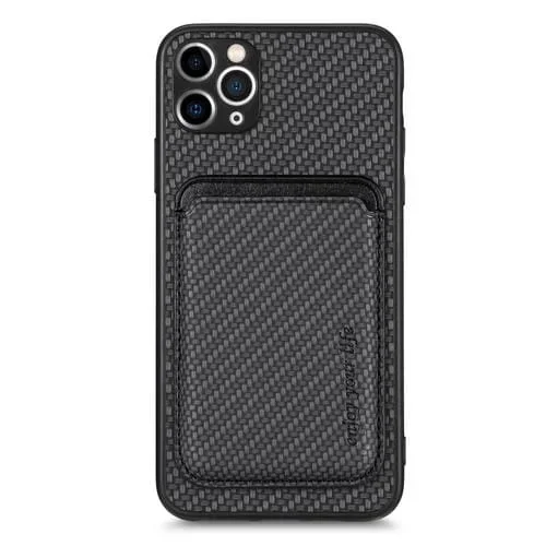 Funda para Teléfono iPhone 11 Tarjeta Cuero Fibra de Carbono Magsafe (Negro)