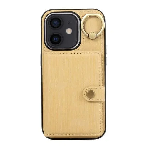Funda para teléfono iPhone 12/12 Pro con soporte para anillo y billetera con textura cepillada (Amarillo)