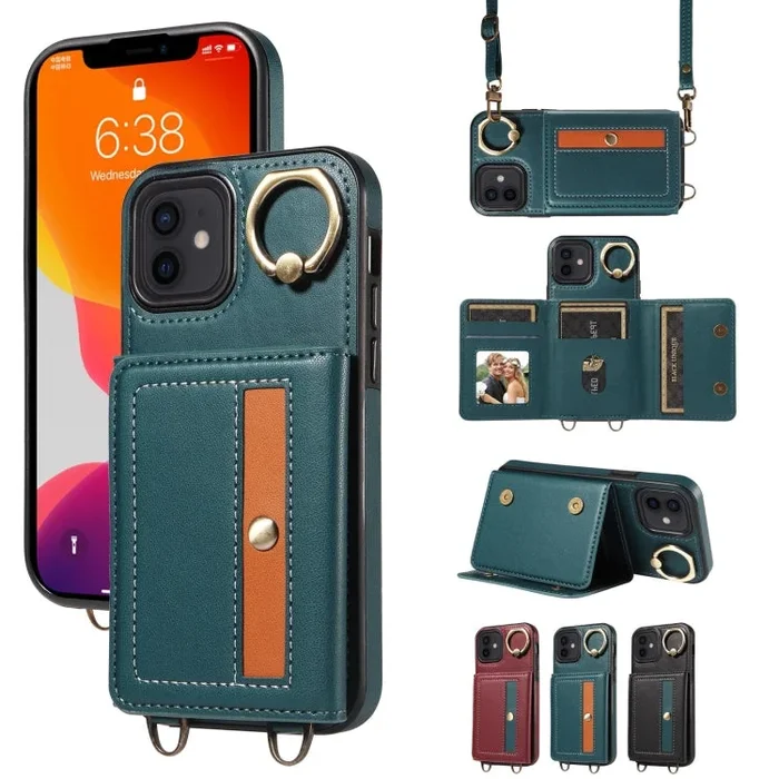 Funda para Teléfono iPhone 12/12 Pro Cuero con Soporte para Anillo y Bolso Cruzado para Tarjetas (Verde)