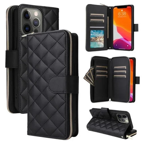 Funda para Teléfono iPhone 12/12 Pro Cuero Hebilla Torre Cremallera Rómbica Cruzada Cordón (Negro)