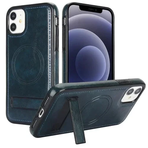 Funda para Teléfono iPhone 12/12 Pro Magsafe con Soporte Invisible de Cuero Retro (Azul)