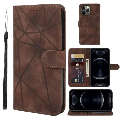 Funda para Teléfono iPhone 12/12 Pro Skin Feel Cuero Líneas Geométricas (Marrón)