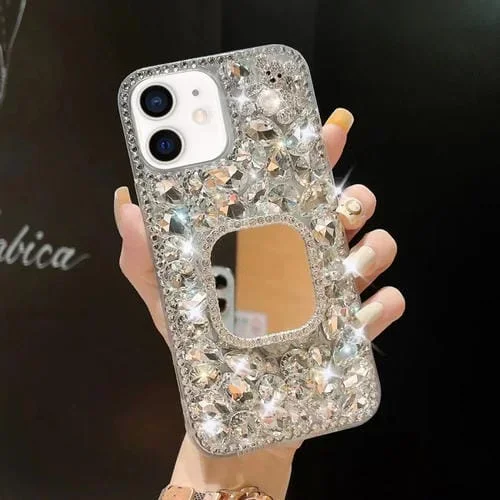 Funda para Teléfono iPhone 12 con Diamantes de Imitación Hecha a Mano con Espejo (Cuadrado Gris Plateado)