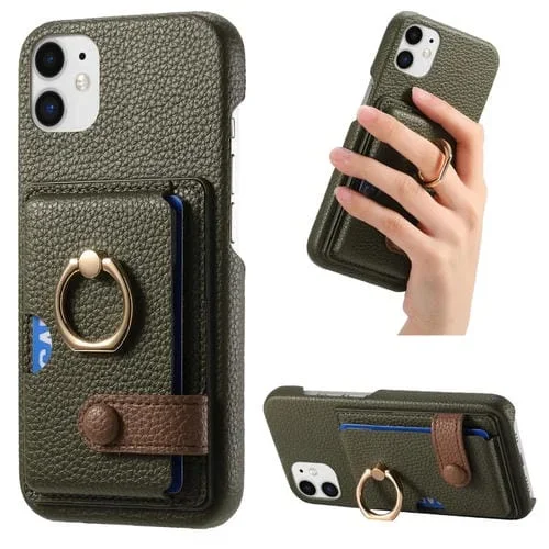 Funda para Teléfono iPhone 12 Mini Borde de Aceite Cuero Litchi Anillo Trasero Tarjeta (Verde)