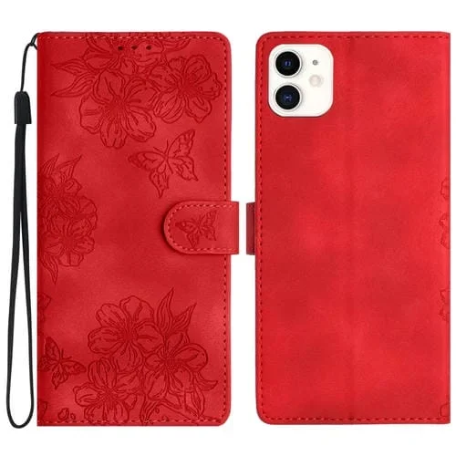 Funda para teléfono iPhone 12 Mini Cherry Blossom Butterfly Skin Feel PU En Relieve (Rojo)