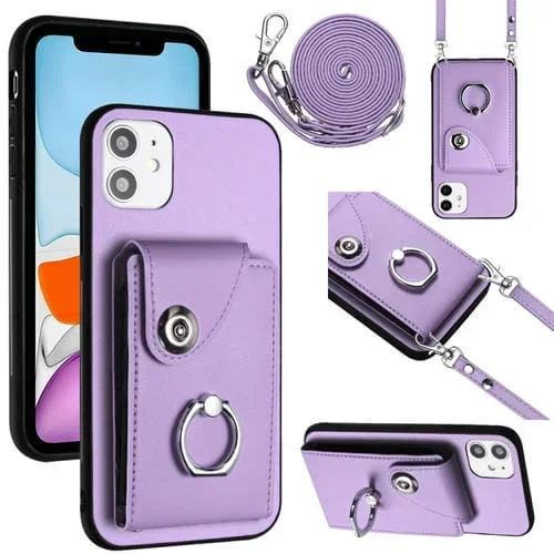 Funda para teléfono iPhone 12 Mini con soporte para anillo y bolsa para tarjeta con cordón largo (Púrpura)