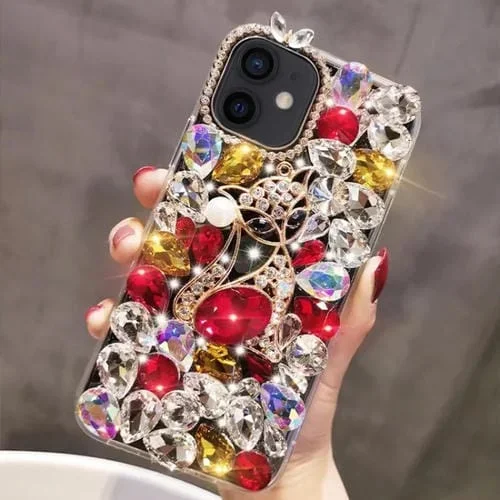 Funda para Teléfono iPhone 12 Mini Fox con Diamantes de Imitación y Piedras Preciosas para PC (Rojo)