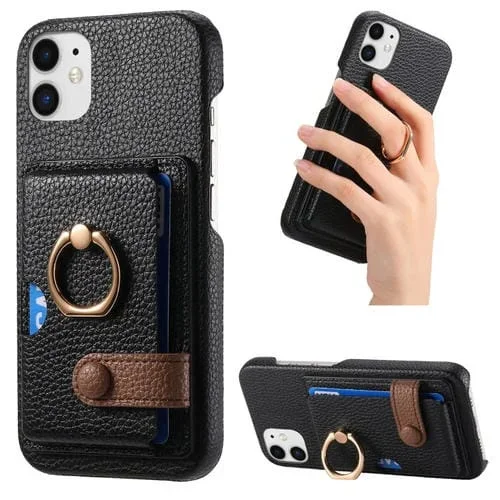 Funda para Teléfono iPhone 12 Mini Parte Posterior de Tarjeta Anillo Borde Aceite Cuero Litchi (Negro)