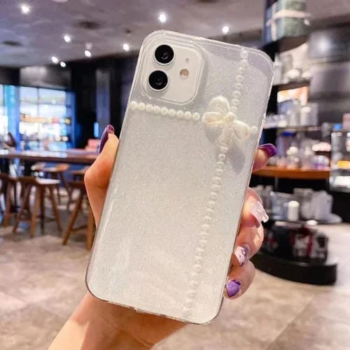 Funda para Teléfono iPhone 12 Mini Pearl Bow Glitter Epoxy TPU (Nudo Cruzado)