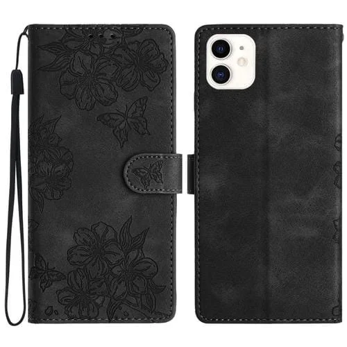 Funda para teléfono iPhone 12 Mini PU Mariposa y Flor de Cerezo en Relieve (Negro)
