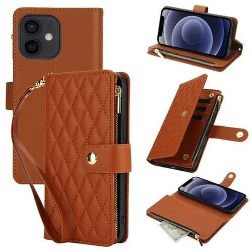 Funda para Teléfono iPhone 12 Mini Ym016 Billetera Cuero Cremallera Rómbica Cordón (Marrón)
