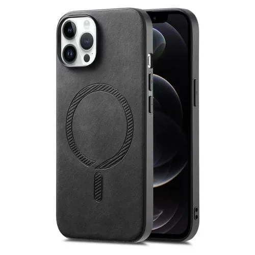 Funda para Teléfono iPhone 12 Pro con Contraportada PU Magsafe Retro (Negro)