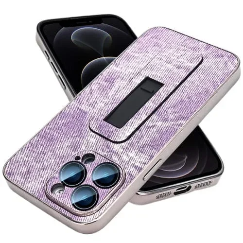 Funda para Teléfono iPhone 12 Pro con Soporte Push-Pull Galvanizado y Patrón de Mezclilla (Rosa Morado)